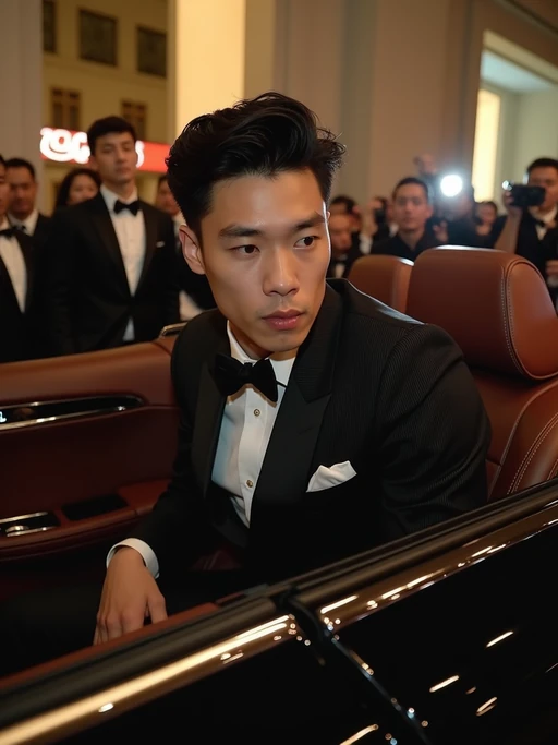 model departing the Met Gala in a luxury vehicle, wearing if(gender=f){a glamorous after-party look with statement jewelry} if(gender=m){a refined evening ensemble with subtle luxury details}, paparazzi and fans outside the Metropolitan Museum with event lighting visible