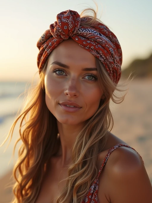 model wearing a bohemian-style printed head scarf fully covering the hair with a knot at the nape, if(gender=f){with minimal face makeup} if(gender=m){with a contemporary look}, at a beachside location at golden hour