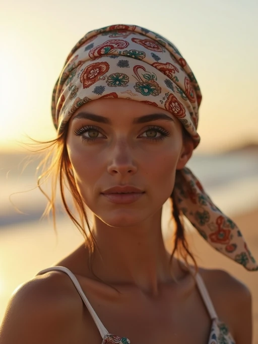model wearing a bohemian-style printed head scarf fully covering the hair with a knot at the nape, if(gender=f){with minimal face makeup} if(gender=m){with a contemporary look}, at a beachside location at golden hour