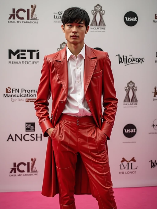 model posing for social media content at the Met Gala step-and-repeat, wearing if(gender=f){a viral-worthy designer masterpiece with internet-breaking details} if(gender=m){a social media-ready ensemble with memorable features}, iconic Met backdrop with event branding and sponsors