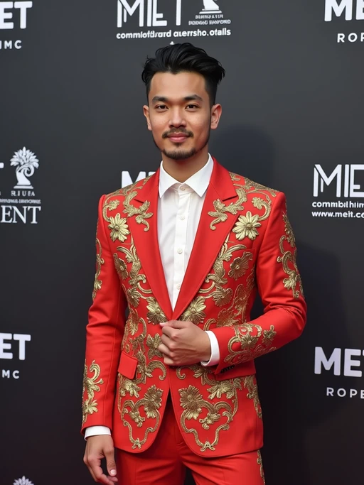 model posing for social media content at the Met Gala step-and-repeat, wearing if(gender=f){a viral-worthy designer masterpiece with internet-breaking details} if(gender=m){a social media-ready ensemble with memorable features}, iconic Met backdrop with event branding and sponsors