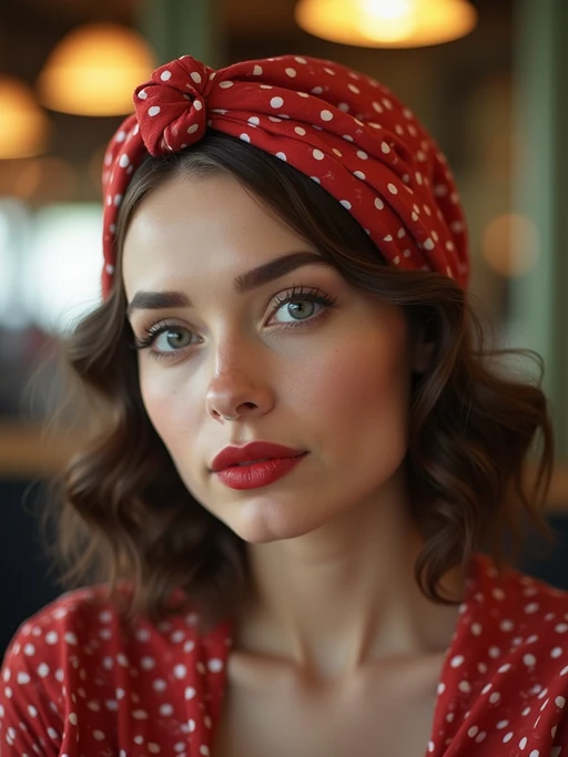 model wearing a vintage-inspired polka dot head scarf completely covering the hair, if(gender=f){with retro makeup} if(gender=m){with a classic clean look}, at a stylish café with soft lighting