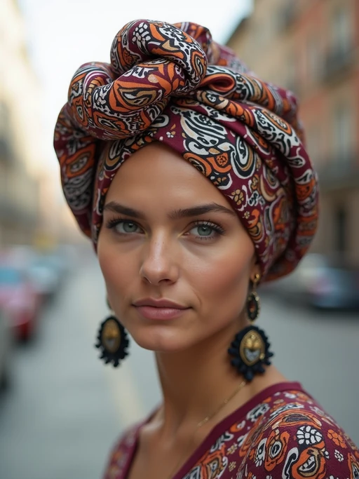 model with a patterned silk scarf tied in a complete turban style covering all hair, if(gender=f){with statement earrings} if(gender=m){with a well-fitted casual shirt}, against a neutral urban background