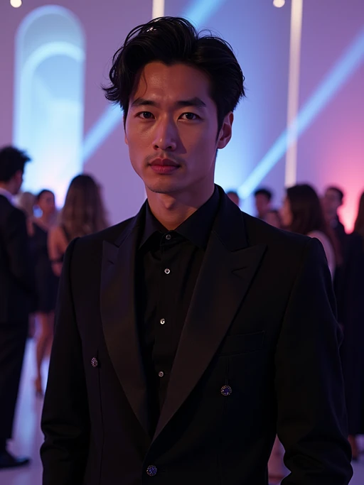 model at the exclusive Met Gala after-party in the museum's modern wing, wearing if(gender=f){a transformative evening look with removable elements} if(gender=m){a modern interpretation of black tie with unexpected details}, celebrity DJs and dance floor with spectacular lighting effects