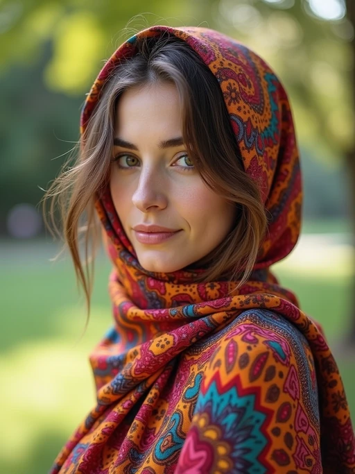 model wearing a colorful silk hair scarf fully covering the hair in a traditional wrapped style, if(gender=f){with face-framing wisps} if(gender=m){with a neat covered appearance}, natural outdoor lighting in a park setting