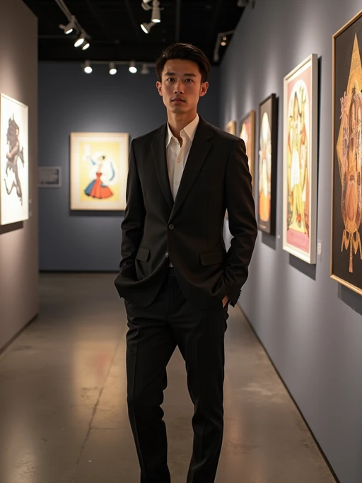 model in the themed exhibition space specially opened for the Met Gala, wearing if(gender=f){a futuristic haute couture ensemble with technological elements} if(gender=m){a forward-thinking formal look with innovative materials}, curated art displays with special event lighting