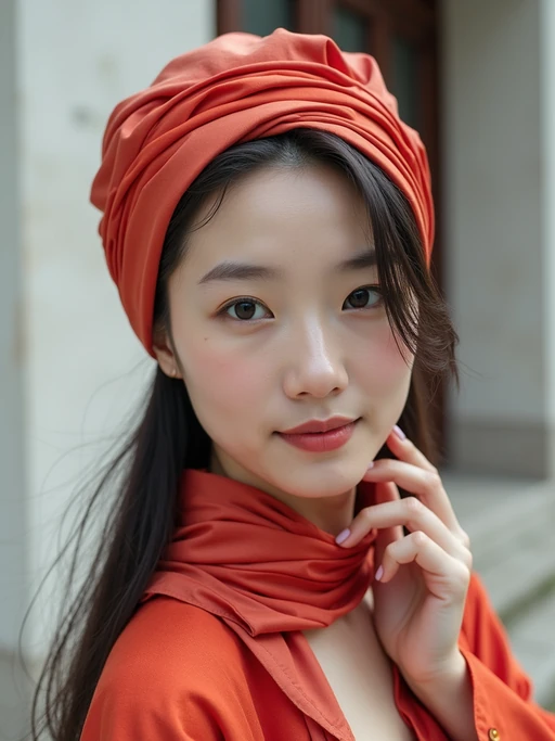 model with a two-toned silk scarf styled as a complete headwrap covering all hair, if(gender=f){with dewy skin} if(gender=m){with a contemporary style}, against a minimalist architectural background