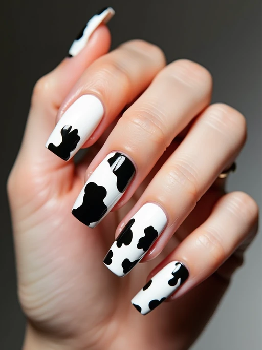 cow print nails on glossy white base, bold and playful aesthetic, beauty studio lighting, fashion-forward hand styling