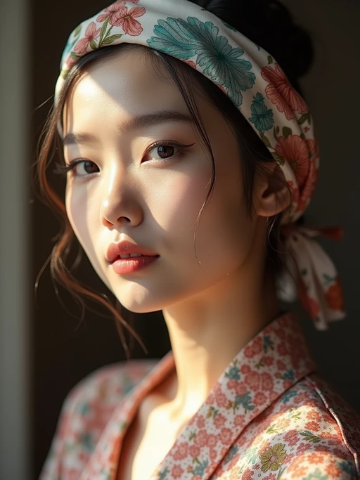 model wearing a hand-painted silk head scarf in full coverage style, if(gender=f){with a natural glow} if(gender=m){with a stylish appearance}, in an artist's studio with natural light