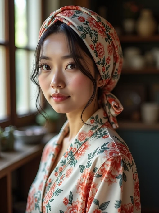 model wearing a hand-painted silk head scarf in full coverage style, if(gender=f){with a natural glow} if(gender=m){with a stylish appearance}, in an artist's studio with natural light