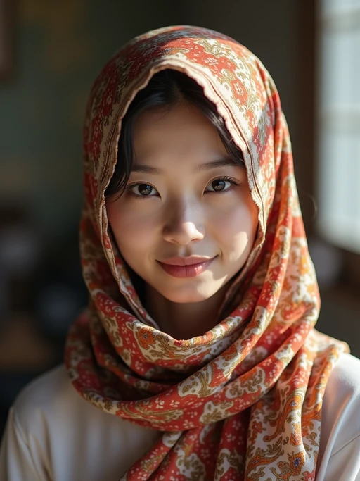 model wearing a hand-painted silk head scarf in full coverage style, if(gender=f){with a natural glow} if(gender=m){with a stylish appearance}, in an artist's studio with natural light