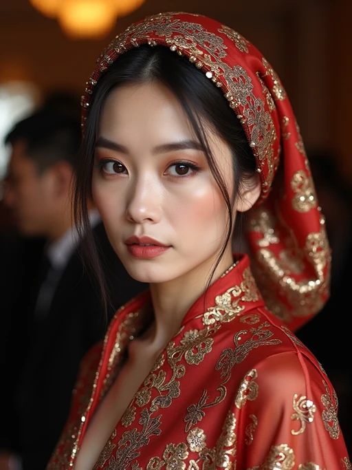 model with a metallic-threaded silk scarf tied to fully cover the hair, if(gender=f){with smokey eye makeup} if(gender=m){with a distinguished look}, at an evening event