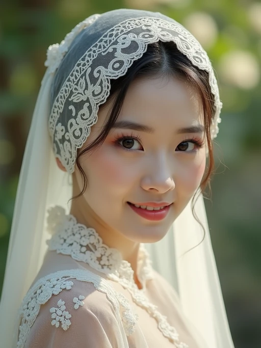 model wearing a delicate lace-trimmed head scarf covering all hair, if(gender=f){with romantic makeup} if(gender=m){with a polished appearance}, in a charming garden setting