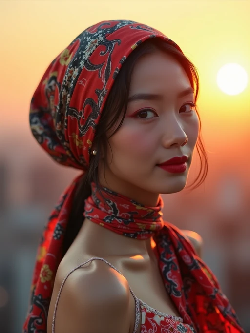 model with an abstract print silk scarf wrapped completely around the head, if(gender=f){with bold lipstick} if(gender=m){with a sophisticated look}, against a sunset skyline