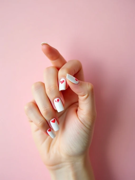 milky white nails with tiny pink hearts, romantic aesthetic, pastel background, cute styling, feminine hand pose, social media-friendly lighting