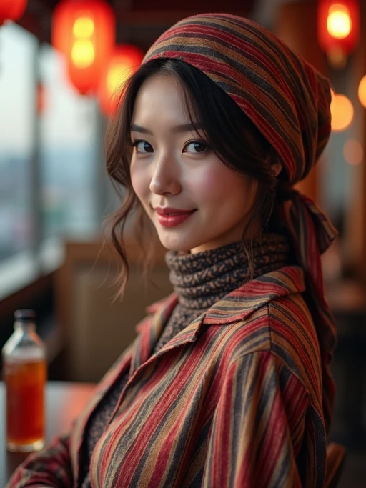 model wearing a striped head scarf in a full coverage style with side drape, if(gender=f){with subtle highlighter} if(gender=m){with defined features}, at a trendy rooftop bar