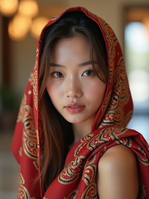 model with a designer logo silk scarf tied to completely cover the hair, if(gender=f){with glowing skin} if(gender=m){with a well-groomed appearance}, in a luxury hotel lobby