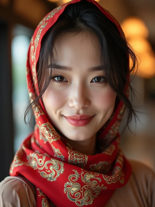 model with a designer logo silk scarf tied to completely cover the hair, if(gender=f){with glowing skin} if(gender=m){with a well-groomed appearance}, in a luxury hotel lobby