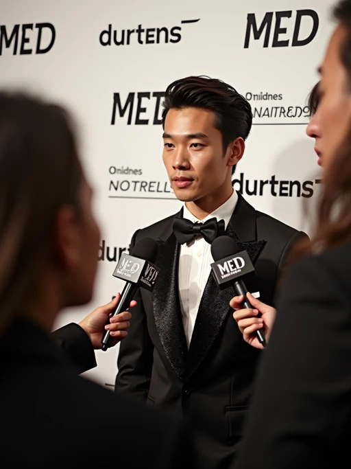 model being interviewed by fashion reporters at the Met Gala media wall, wearing if(gender=f){an ethereal designer creation with celestial details} if(gender=m){an elegant tuxedo with unexpected textures}, press and media backdrop with Met Gala logo and sponsors