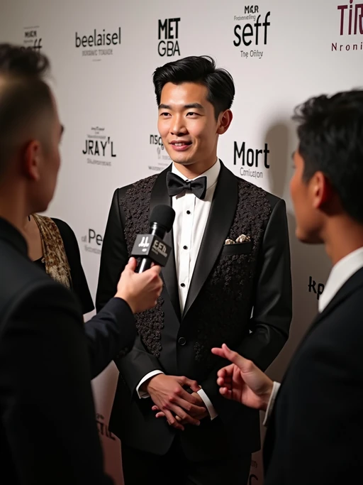model being interviewed by fashion reporters at the Met Gala media wall, wearing if(gender=f){an ethereal designer creation with celestial details} if(gender=m){an elegant tuxedo with unexpected textures}, press and media backdrop with Met Gala logo and sponsors