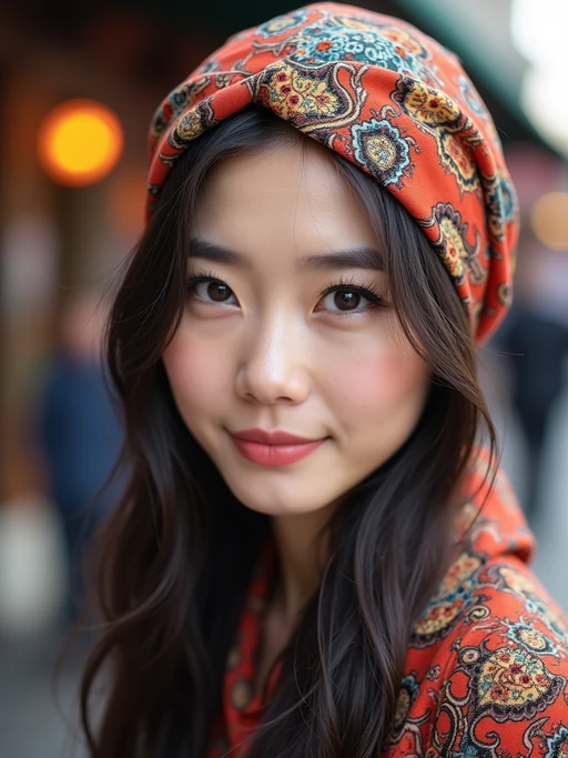 model wearing a paisley print head scarf in a full coverage style, if(gender=f){with winged eyeliner} if(gender=m){with stylish glasses}, at an outdoor market