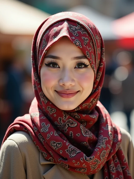 model wearing a paisley print head scarf in a full coverage style, if(gender=f){with winged eyeliner} if(gender=m){with stylish glasses}, at an outdoor market