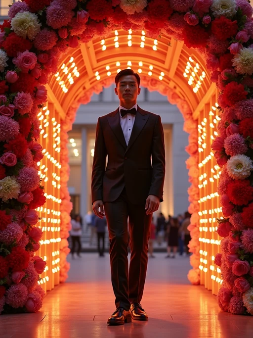 model at the Met Gala entrance with the famous flower-adorned archway, wearing if(gender=f){a show-stopping gown with architectural elements} if(gender=m){a boundary-pushing formal ensemble with statement accessories}, Metropolitan Museum façade illuminated with special event lighting