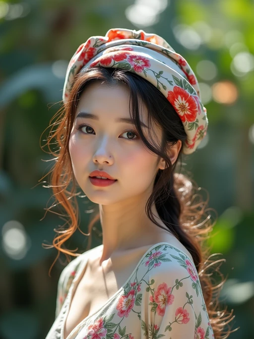 model with a floral silk scarf wrapped around the head covering all hair, if(gender=f){with natural-looking makeup} if(gender=m){with a clean-shaven look}, in a botanical garden setting