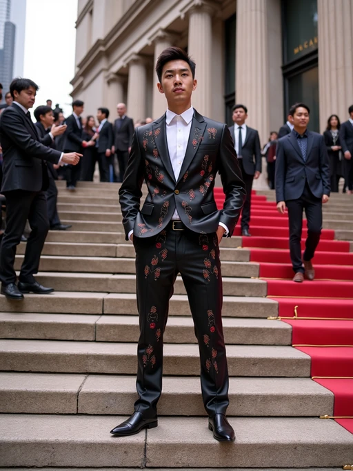 model posing on the iconic Met steps decorated for the gala, wearing if(gender=f){a breathtaking haute couture dress with elaborate train} if(gender=m){a fashion-forward suit with artistic elements}, surrounded by photographers and fashion elite, Met Gala signage and red carpet visible