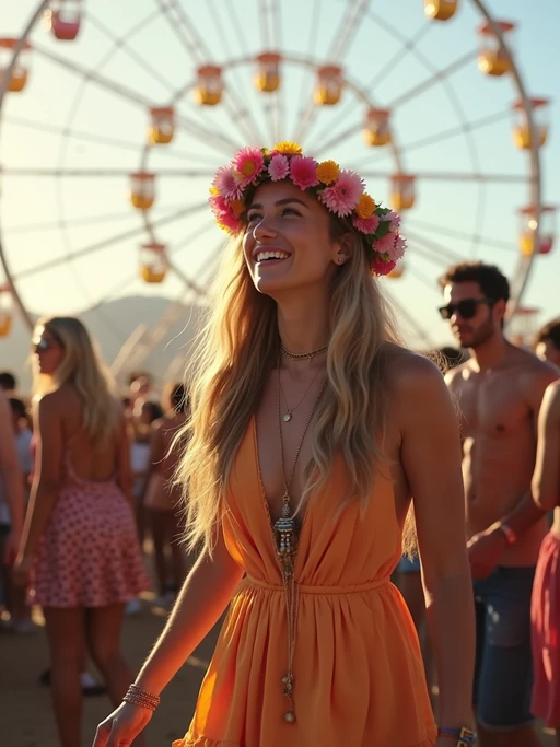 a stunning model at Coachella music festival, dancing and enjoying the music in a vibrant crowd, wearing if(gender=f){a boho chic dress and flower crown} if(gender=m){a colorful graphic t-shirt and denim shorts}, with the iconic Coachella ferris wheel in the background