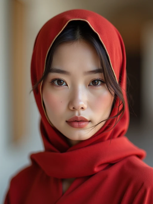 model with an elegant solid-colored silk scarf tied to completely cover the hair, if(gender=f){with a sophisticated makeup look} if(gender=m){with a refined appearance}, in an art gallery setting