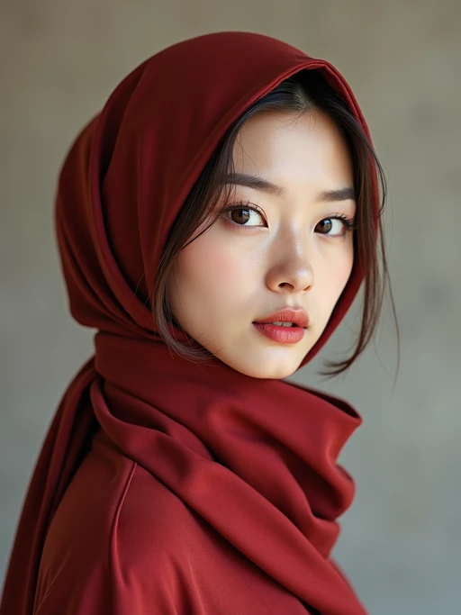 model with an elegant solid-colored silk scarf tied to completely cover the hair, if(gender=f){with a sophisticated makeup look} if(gender=m){with a refined appearance}, in an art gallery setting