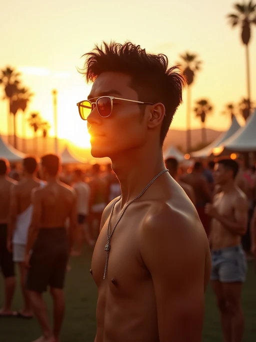 a stunning model surrounded by if(gender=f){a group of friends} if(gender=m){a crowd of festival-goers}, capturing the sense of community and celebration at Coachella as the sun sets over the palm trees