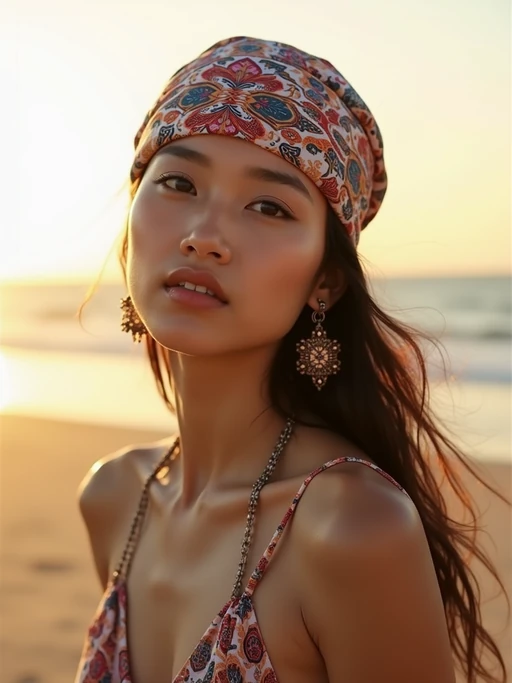 model wearing a bohemian-style printed head scarf fully covering the hair with a knot at the nape, if(gender=f){with minimal face makeup} if(gender=m){with a contemporary look}, at a beachside location at golden hour