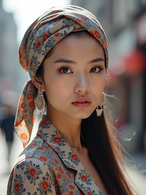 model with a patterned silk scarf tied in a complete turban style covering all hair, if(gender=f){with statement earrings} if(gender=m){with a well-fitted casual shirt}, against a neutral urban background