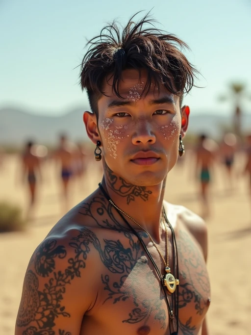 a model with if(gender=f){glittery makeup and body paint} if(gender=m){bold face and body art}, capturing the artistic expression that defines Coachella, with desert landscape in the background