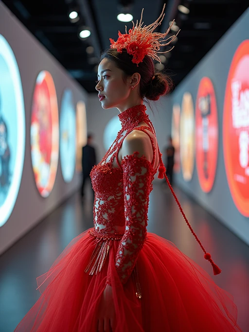 model in the themed exhibition space specially opened for the Met Gala, wearing if(gender=f){a futuristic haute couture ensemble with technological elements} if(gender=m){a forward-thinking formal look with innovative materials}, curated art displays with special event lighting