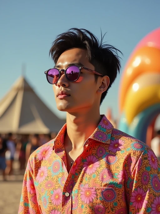 a stunning model in if(gender=f){a tie-dye jumpsuit and statement accessories} if(gender=m){a vibrant button-up shirt and funky sunglasses}, capturing their eclectic Coachella look against the backdrop of art installations