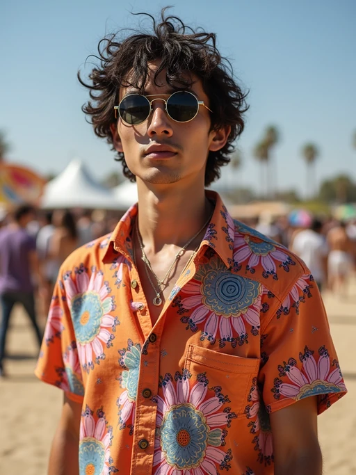 a stunning model in if(gender=f){a tie-dye jumpsuit and statement accessories} if(gender=m){a vibrant button-up shirt and funky sunglasses}, capturing their eclectic Coachella look against the backdrop of art installations