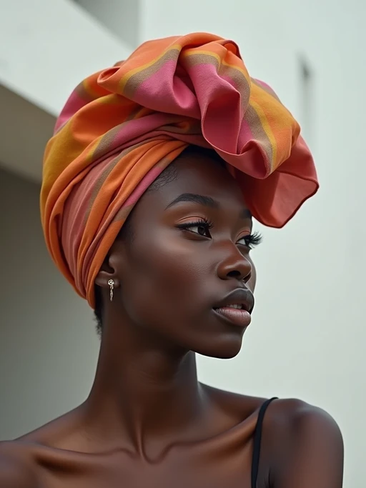 model with a two-toned silk scarf styled as a complete headwrap covering all hair, if(gender=f){with dewy skin} if(gender=m){with a contemporary style}, against a minimalist architectural background