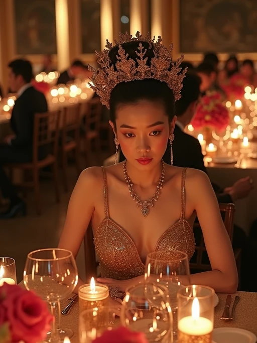 model dining at the lavish Met Gala dinner in the Temple of Dendur, wearing if(gender=f){an opulent evening dress with theatrical elements} if(gender=m){a refined tuxedo with creative details}, elaborate floral centerpieces and candlelit tables arranged throughout the museum space