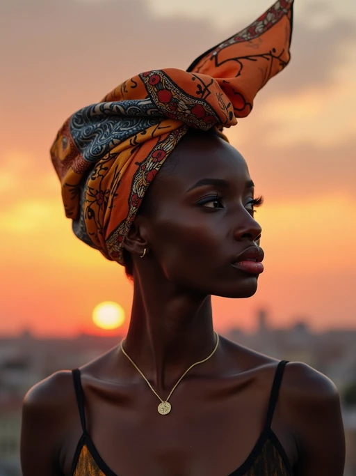 model with an abstract print silk scarf wrapped completely around the head, if(gender=f){with bold lipstick} if(gender=m){with a sophisticated look}, against a sunset skyline