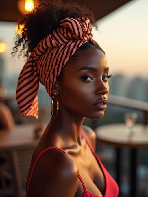 model wearing a striped head scarf in a full coverage style with side drape, if(gender=f){with subtle highlighter} if(gender=m){with defined features}, at a trendy rooftop bar