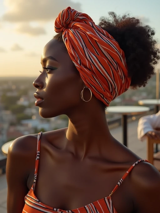 model wearing a striped head scarf in a full coverage style with side drape, if(gender=f){with subtle highlighter} if(gender=m){with defined features}, at a trendy rooftop bar