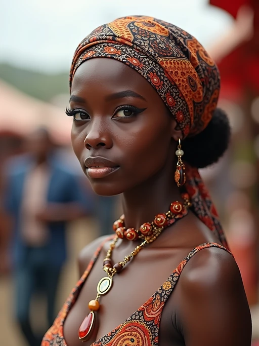 model wearing a paisley print head scarf in a full coverage style, if(gender=f){with winged eyeliner} if(gender=m){with stylish glasses}, at an outdoor market