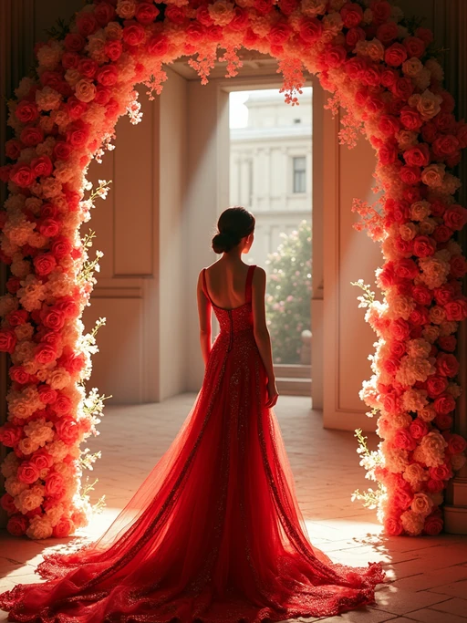 model at the Met Gala entrance with the famous flower-adorned archway, wearing if(gender=f){a show-stopping gown with architectural elements} if(gender=m){a boundary-pushing formal ensemble with statement accessories}, Metropolitan Museum façade illuminated with special event lighting