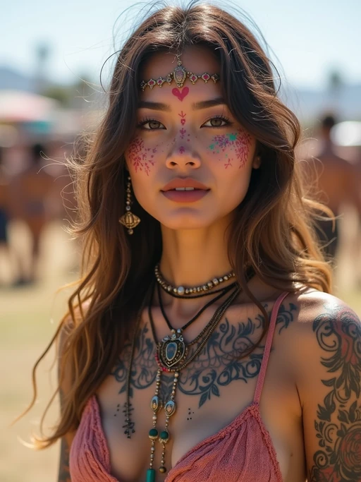 a model with if(gender=f){colorful temporary tattoos and henna art} if(gender=m){a tribal face paint design}, adding bohemian flair to their Coachella look, with the iconic festival grounds visible in the background