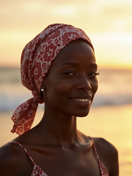 model wearing a bohemian-style printed head scarf fully covering the hair with a knot at the nape, if(gender=f){with minimal face makeup} if(gender=m){with a contemporary look}, at a beachside location at golden hour