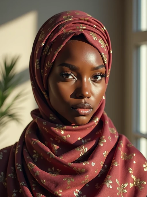 model with a luxurious silk scarf wrapped around the entire head in a hijab style, if(gender=f){with natural makeup} if(gender=m){with a well-groomed beard}, in a bright modern interior