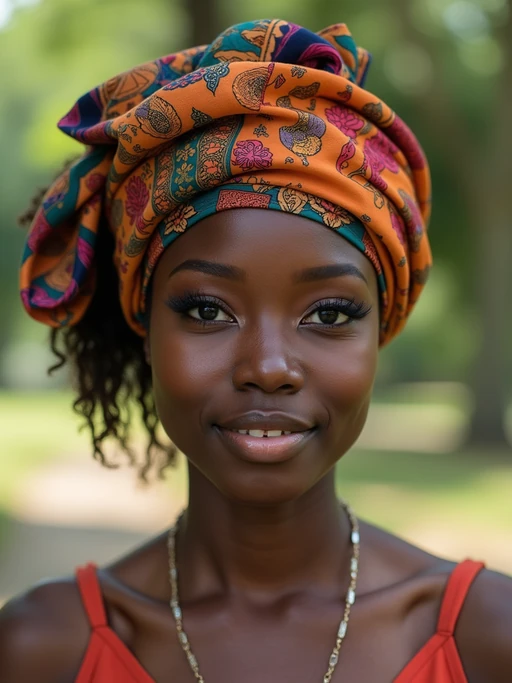 model wearing a colorful silk hair scarf fully covering the hair in a traditional wrapped style, if(gender=f){with face-framing wisps} if(gender=m){with a neat covered appearance}, natural outdoor lighting in a park setting